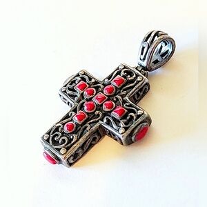 925 RED CORAL CROSS PENDANT - STERLING SILVER ORNATE FILIGREE